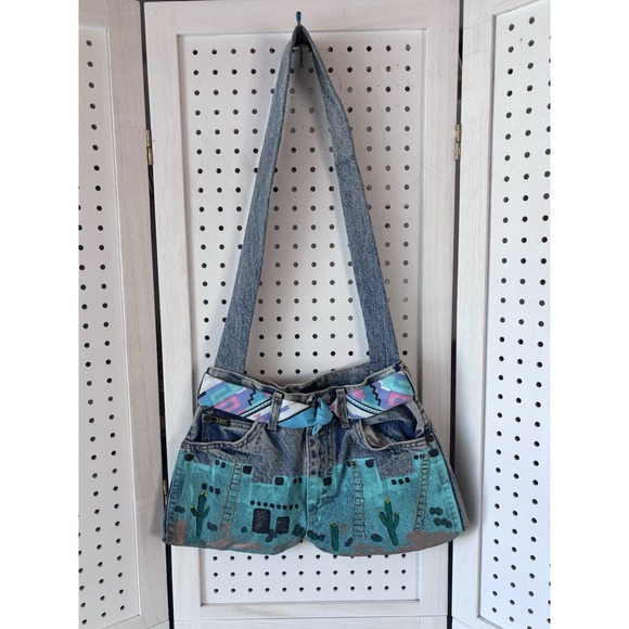 Lee Handbags - VTG Lee Denim Jeans Shoulder Bag Purse Handpainted Southwestern 90s Belted